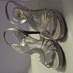 Nina silver satin sandals with rhinestone embellishment